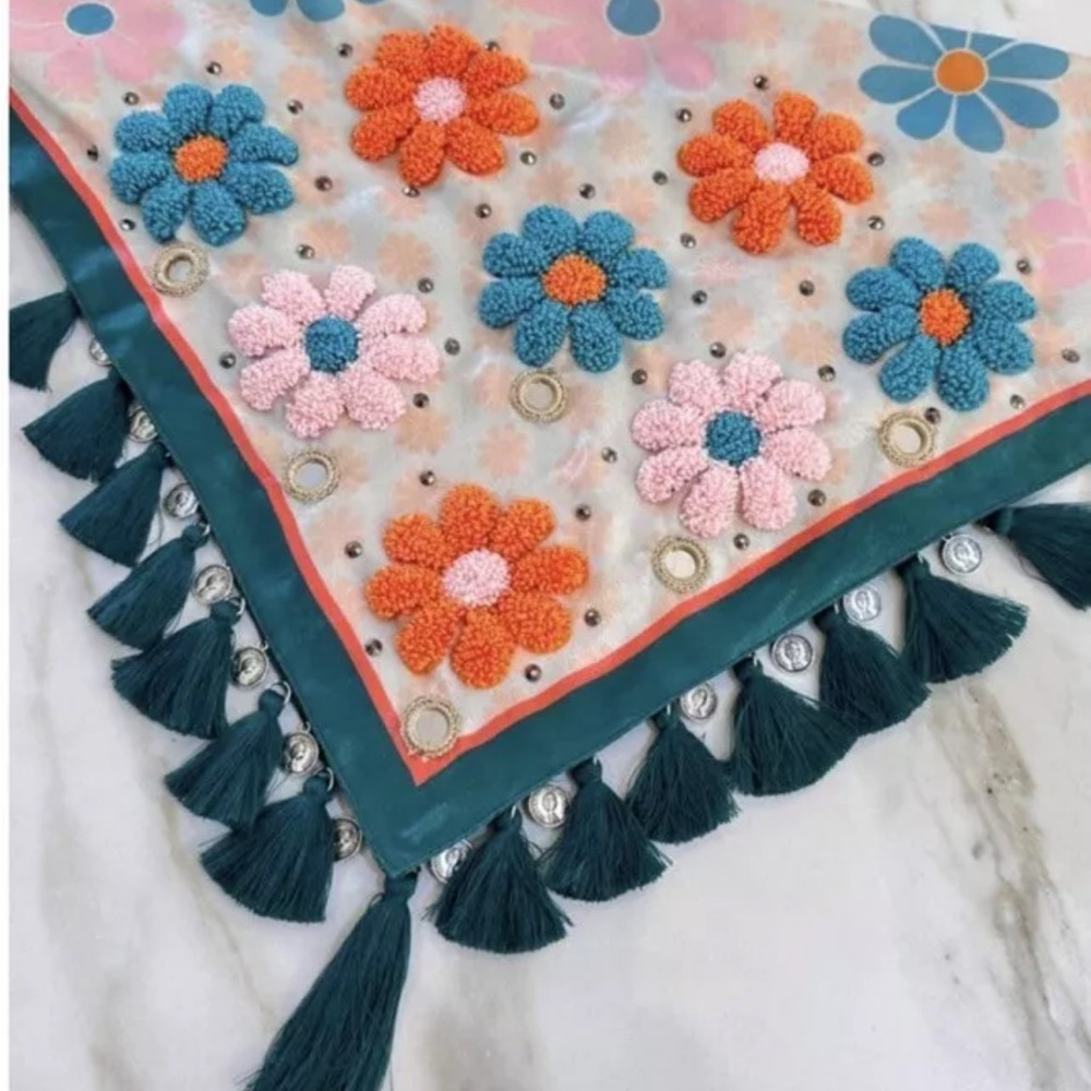 Embroidered Boho Western bandana -Colombian scarf. Multicolors flowers w tassels